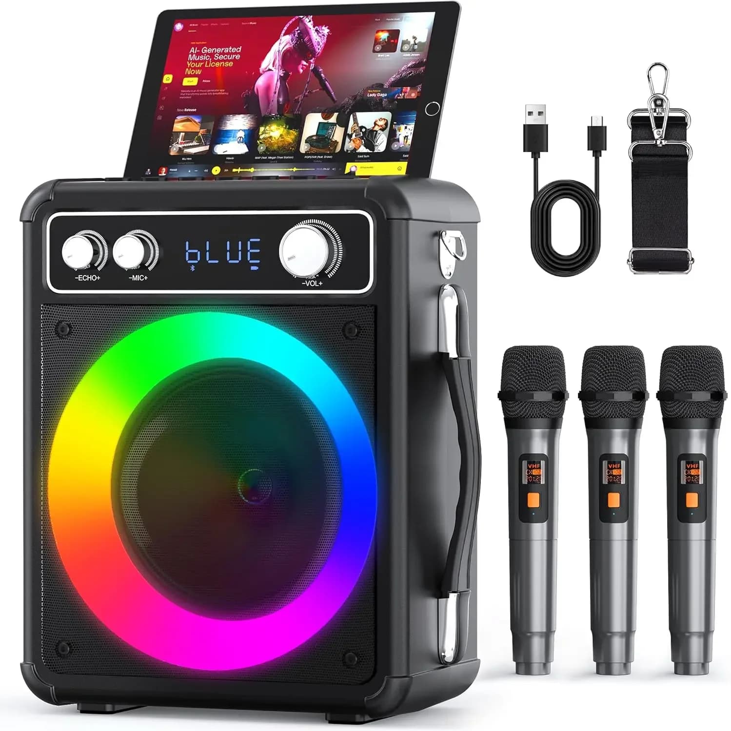 Macchina per Karaoke con 3 Microfoni Wireless Ricaricabili, Altoparlante Bluetooth Portatile per Adulti e Bambini, Sistema PA con Supporto TWS Echo