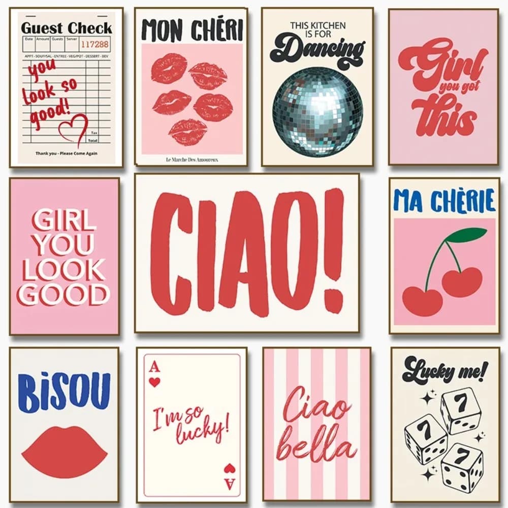 (2D canvas painting) Ciao Bella Cherry Disco Ball Poster Pink Wall Art Guest Girl You Look Good Canvas Painting Home Room De