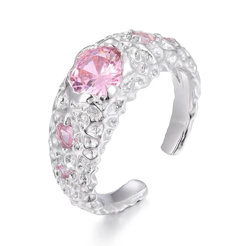 Anelli in Argento Sterling S925 con Texture Lava Irregolare per Donne e Uomini, Misura Regolabile, Anello Nuziale con Zirconia Cubica Viola, Gioiello Charm
