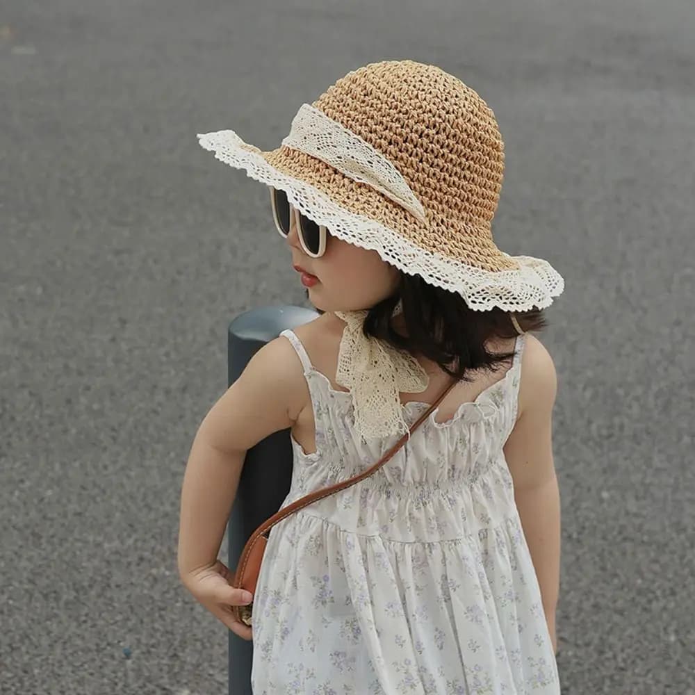 Lace Up Children Straw Sun Hat Korean Style Anti-UV Sun Hat Cartoon Sunshade Hat Fisherman Cap Foldable Children's Visor Hat