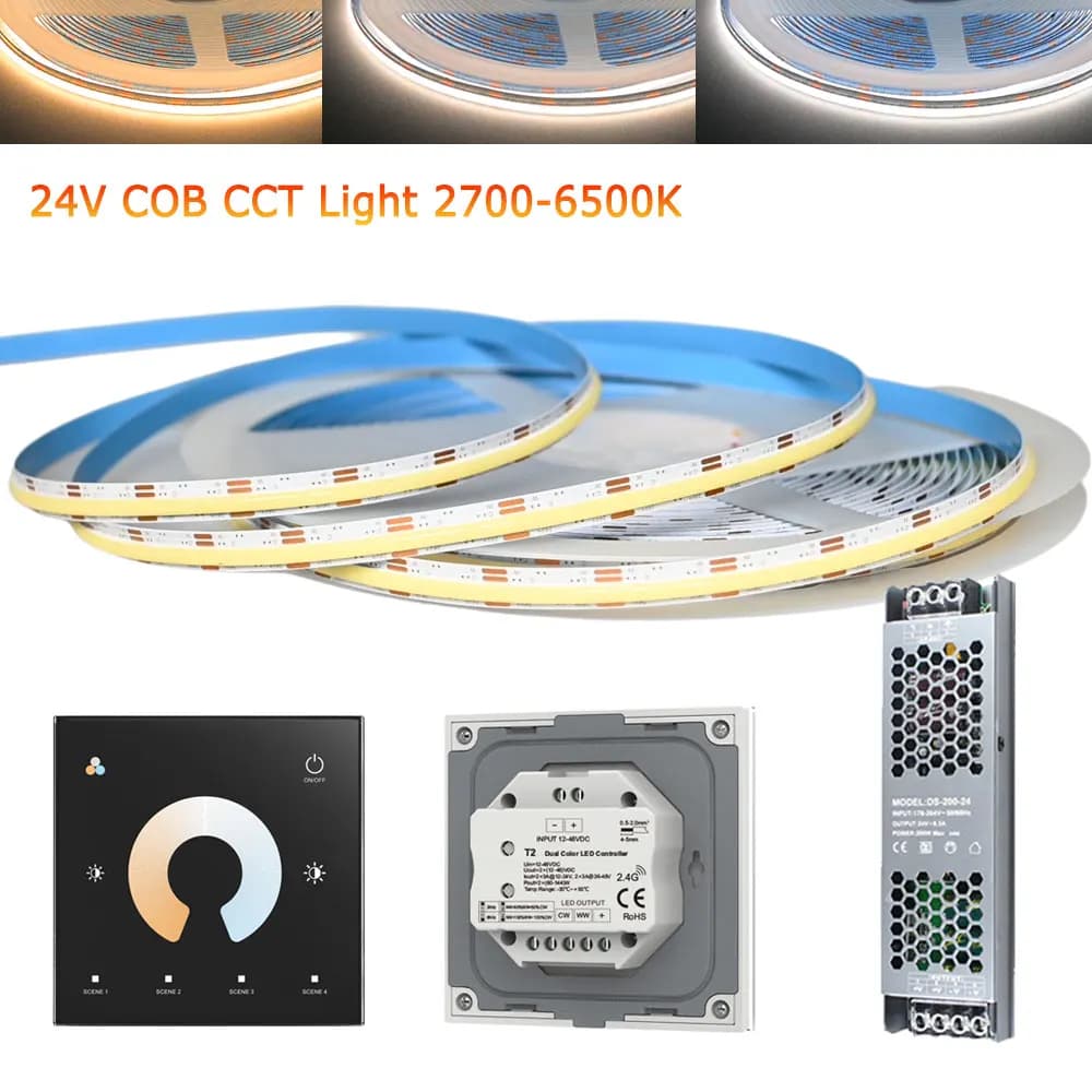 Striscia LED COB CCT 5M 10M 20M 24V con Controller Touch a Parete, Luce Flessibile Bianca Duale per Decorazione d'Interni 2700-6500K, Lampada Lineare a Nastro