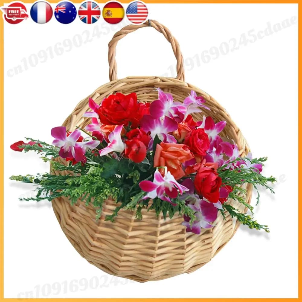 Contenitore per piante da giardino con vaso da fiori intrecciato in vimini con cestino in rattan per montaggio a parete