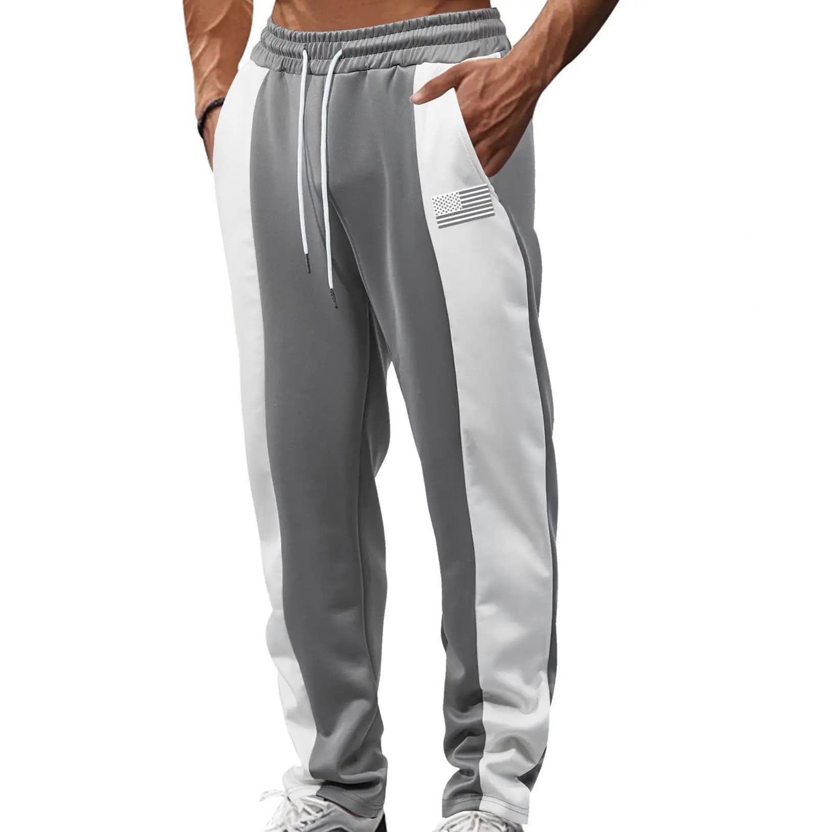 Loose Men's Casual Sports Long Pants Color Block Running Trousers Quick Dry Waist Belt Independent Station Street Style