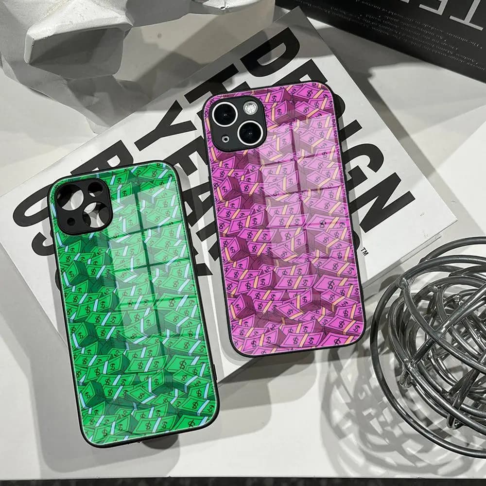 Cover per iPhone con Stampa Cartone Animato Banconote Dollari, Guscio in Vetro Temperato per iPhone 16 Pro Max, 14, 12, 17 Pro, Air, 15, 16 Plus, 13 Pro Max