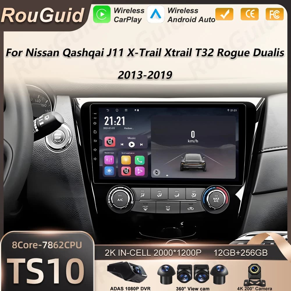Autoradio Android Auto for Nissan Qashqai J11 X-Trail Xtrail T32 Rogue Dualis 2013-2019, video player Carplay, stereo with navigation
