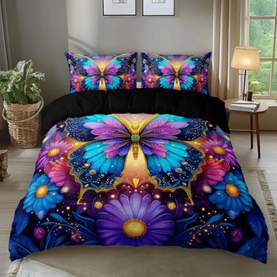 Twin Duvet Cover Set 3 Piece, Fantasy Glow Butterfly Floral Bedding with Zipper Closure and 2 Pillowcases, Soft Microfiber Comf