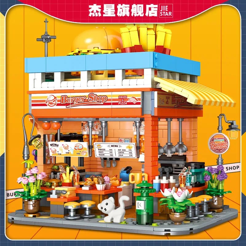 Street View Creative Burger Store Building Blocks MOC Modular Assembly Set Desktop Decoration Model Creative Toys Children Gifts