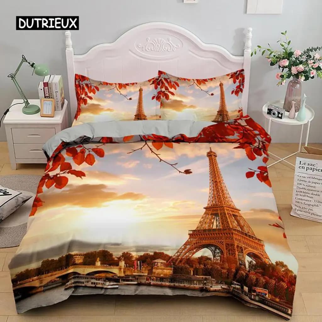 Set copripiumino Torre Eiffel, set copripiumino in poliestere con motivo Torre Eiffel al tramonto a Parigi, set biancheria da letto romantico con tema Francia per adulti