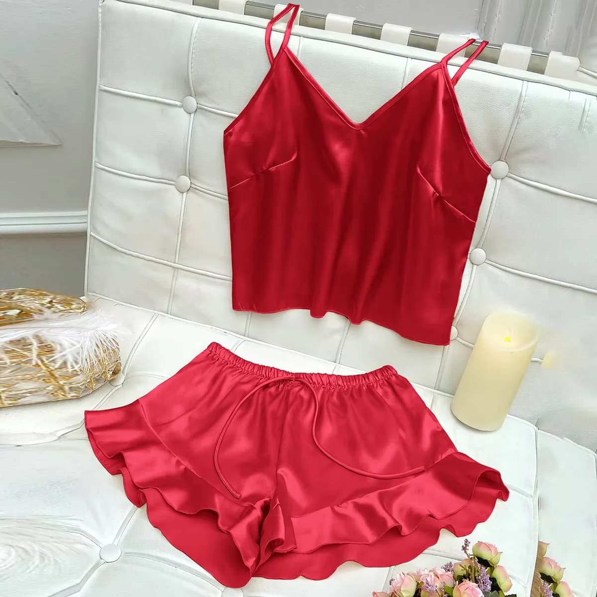 Solid Satin Pajama Set V Neck Cami Top Ruffle Shorts Women's Sleepwear Loungewear