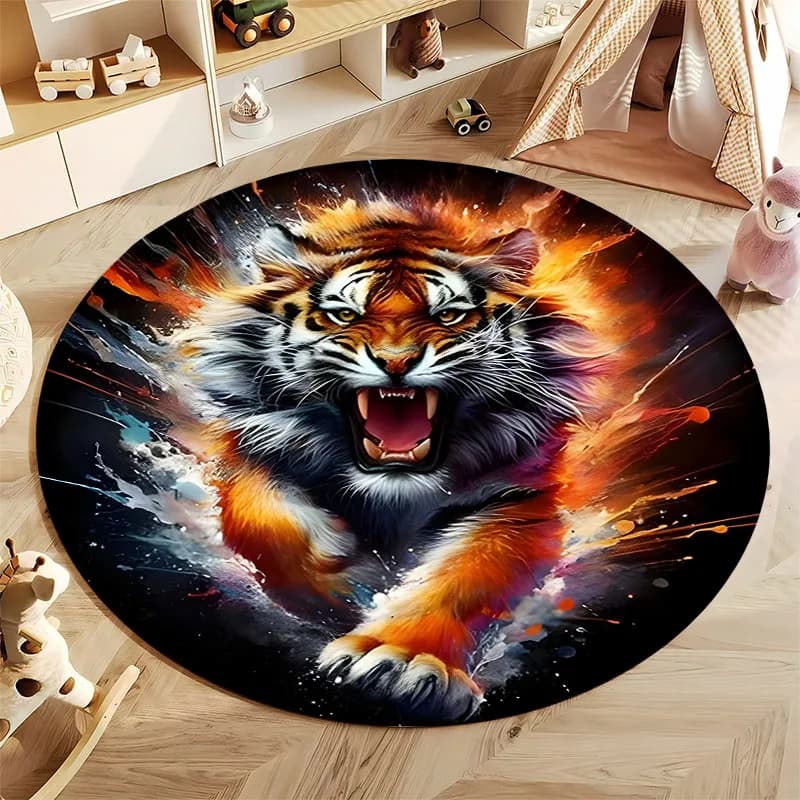 Printed Round Carpet with 3D HD Tiger Head, Chair Mat, Children's Mat, Living Room Mat Yoga Bedroom, Durable Anti-slip Mat