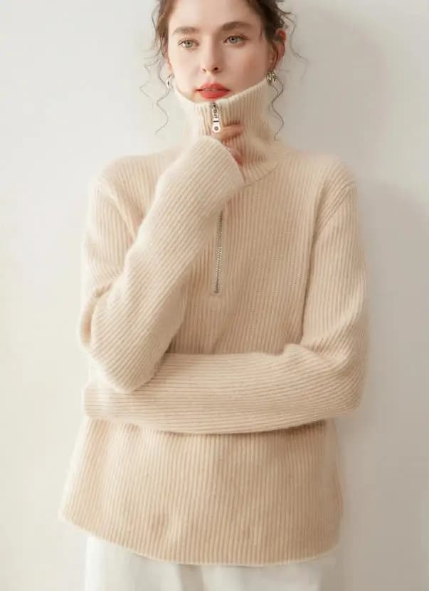 Women's Cashmere Sweater with Semi-Zipper And Lapel Loose Fit Gold Ingot Needle Pullover Thickened Knitted Bottoming Shirt