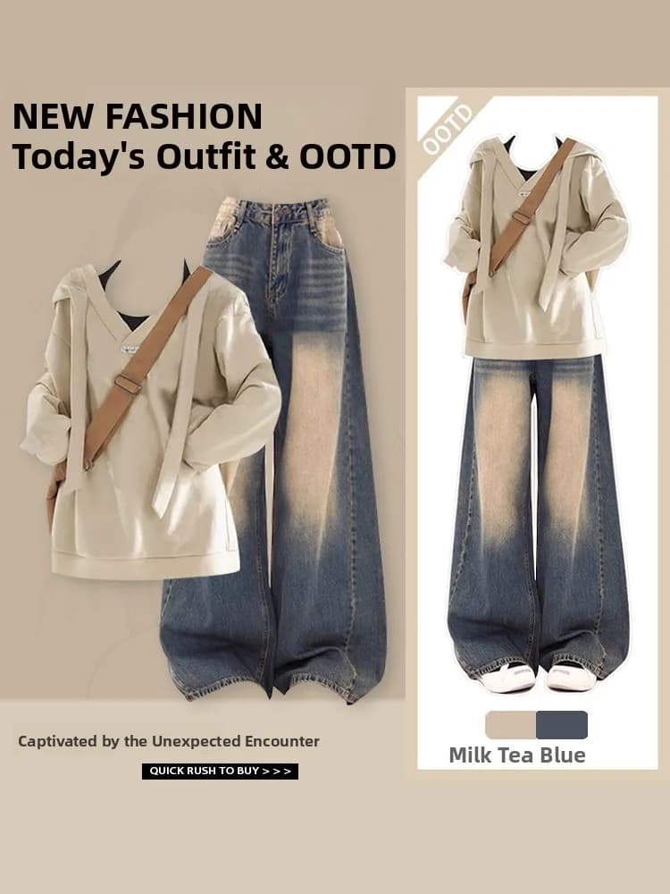 Felpa Casual con Cappuccio da Donna, Jeans a Gamba Dritta a Maniche Lunghe, Nuovo Stile Autunno Inverno, Design Esclusivo per un Pubblico Ristretto