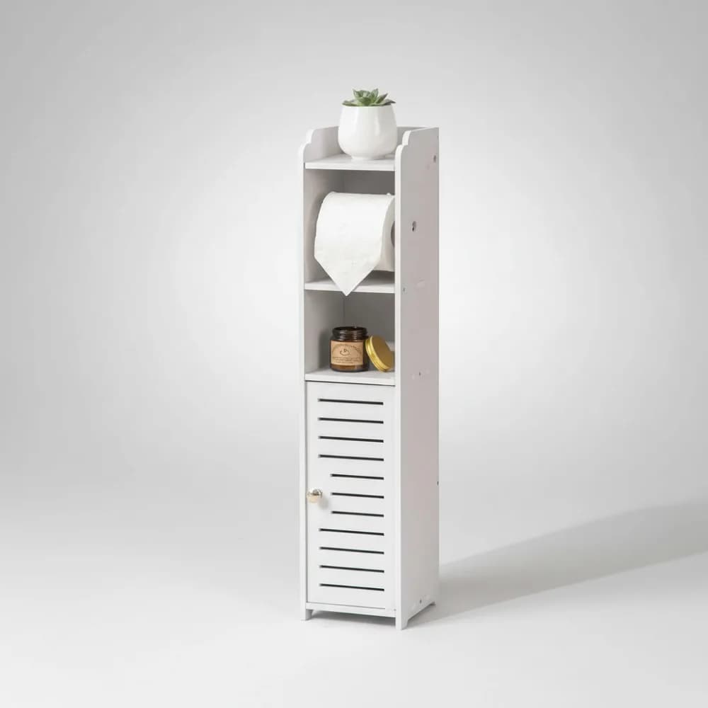 Mobiletto da bagno sottile con porta carta igienica per piccoli spazi - bianco
