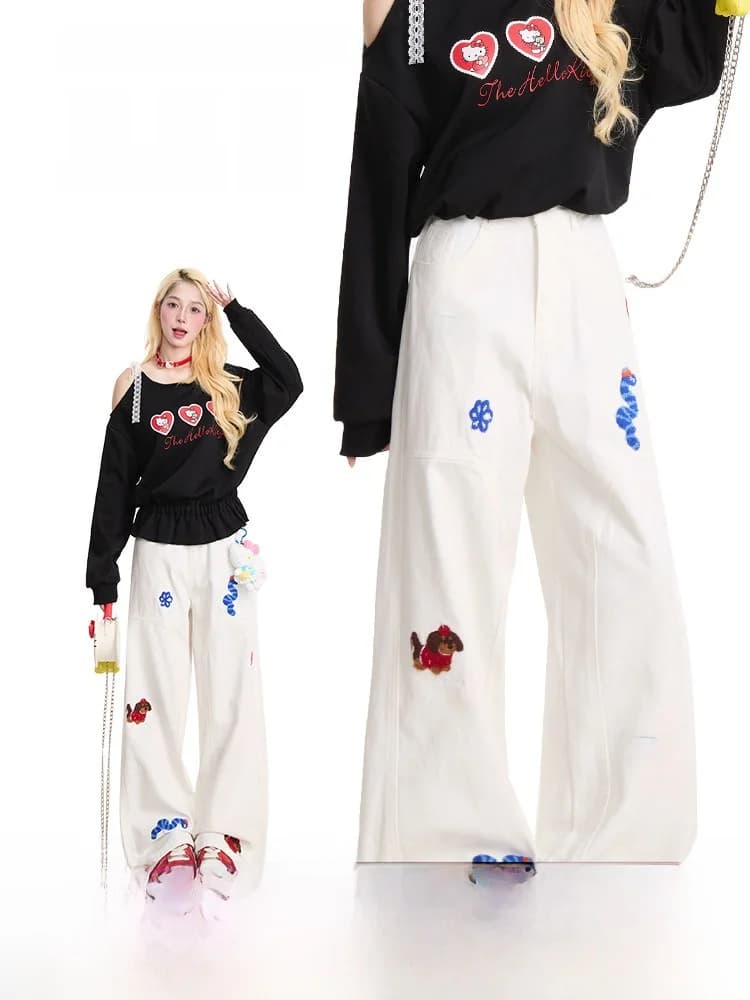 NERESUM Jeans Bianchi Lavati da Donna, Stile Americano Trendy, Gamba Dritta e Larga, in Cotone, Vita Naturale, Chiusura con Bottoni