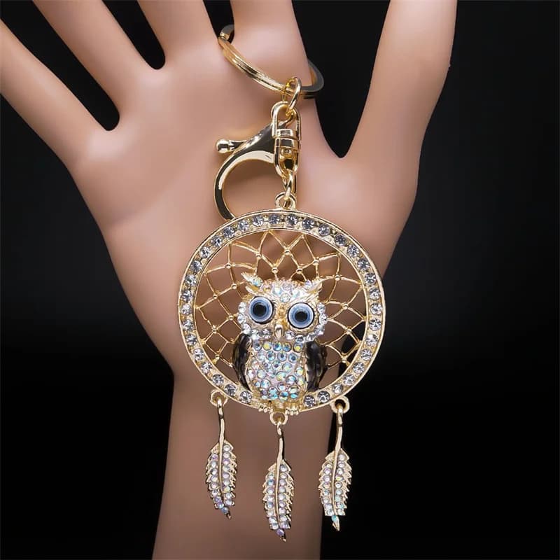 Shinny Crystal Owl Dreamcatcher Feather Keychain for Women Alloy Rhinestone Dream Catcher Animal Key Ring Bag Jewelry K9034S05