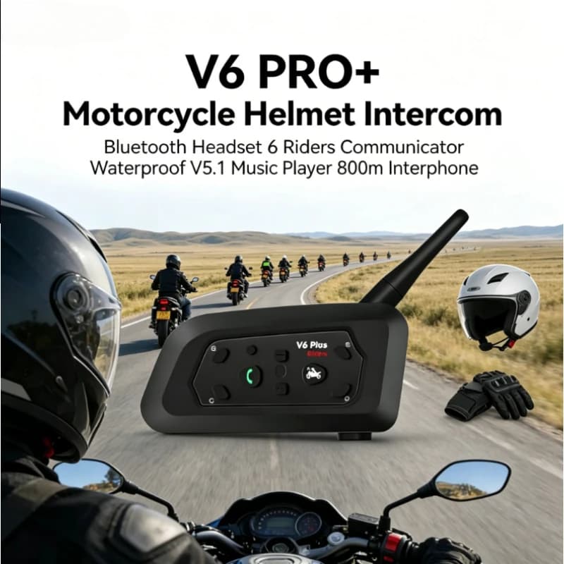 NUOVO 2026 V6 PRO+ BT5.1 Interfono Moto per 6 Motociclisti, Auricolare Impermeabile per Casco, Lettore Musicale 800m, Comunicazione Wireless