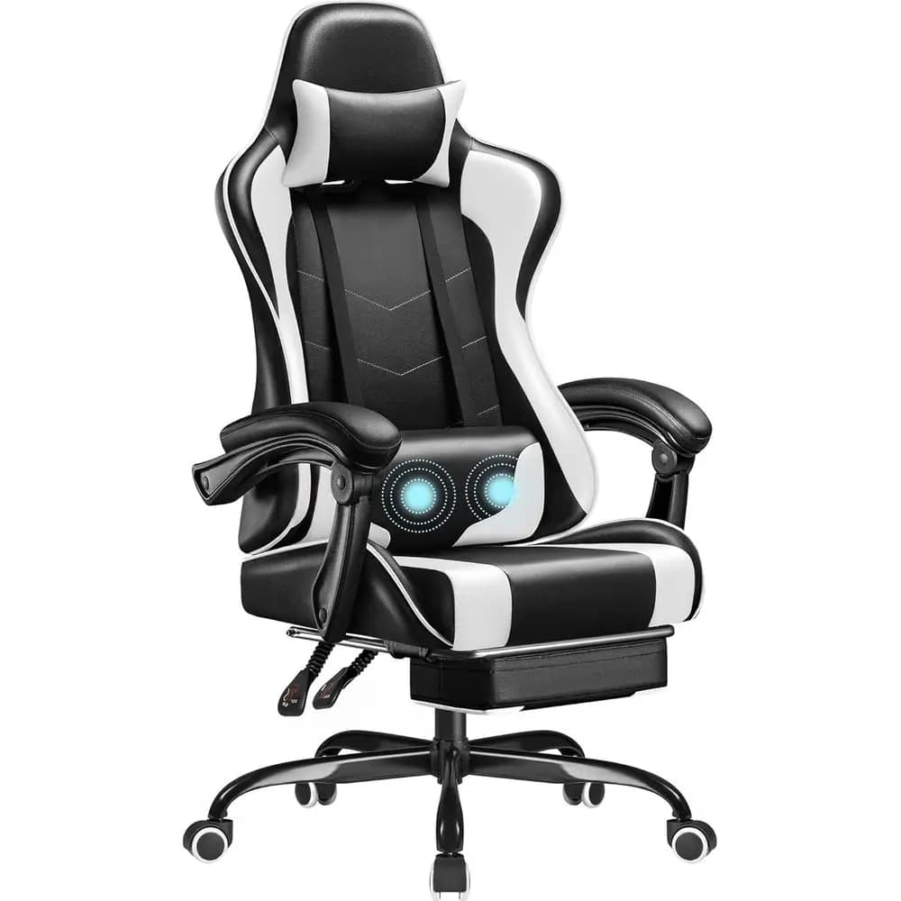 Sedia da Gaming Ergonomica Girevole con Massaggio Lombare e Poggiapiedi, Sedia da Computer Bianca Regolabile in Altezza