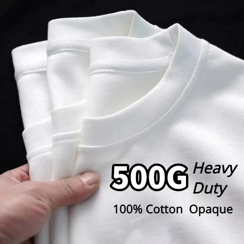 T-shirt in puro cotone bianco resistente da 500/300 g, girocollo filettato addensato, maniche corte, mezza manica a tre aghi