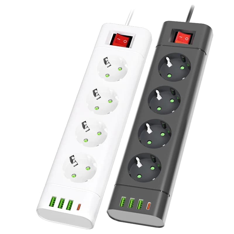 Multi socket with EU plug 3,4 or 5 sockets Extension cable 2 m Length 2500 W Net filter socket with 3 USB ports 1 type C