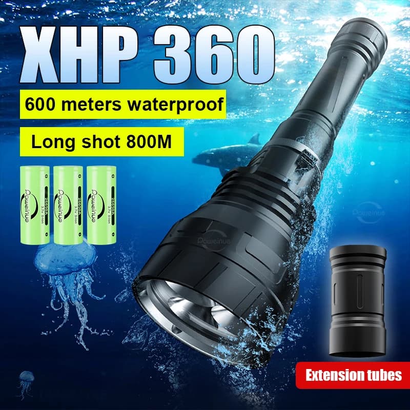 60000LM Torcia subacquea super potente XHP360 Torcia subacquea professionale Torcia LED ad alta potenza IPX8 Luci subacquee