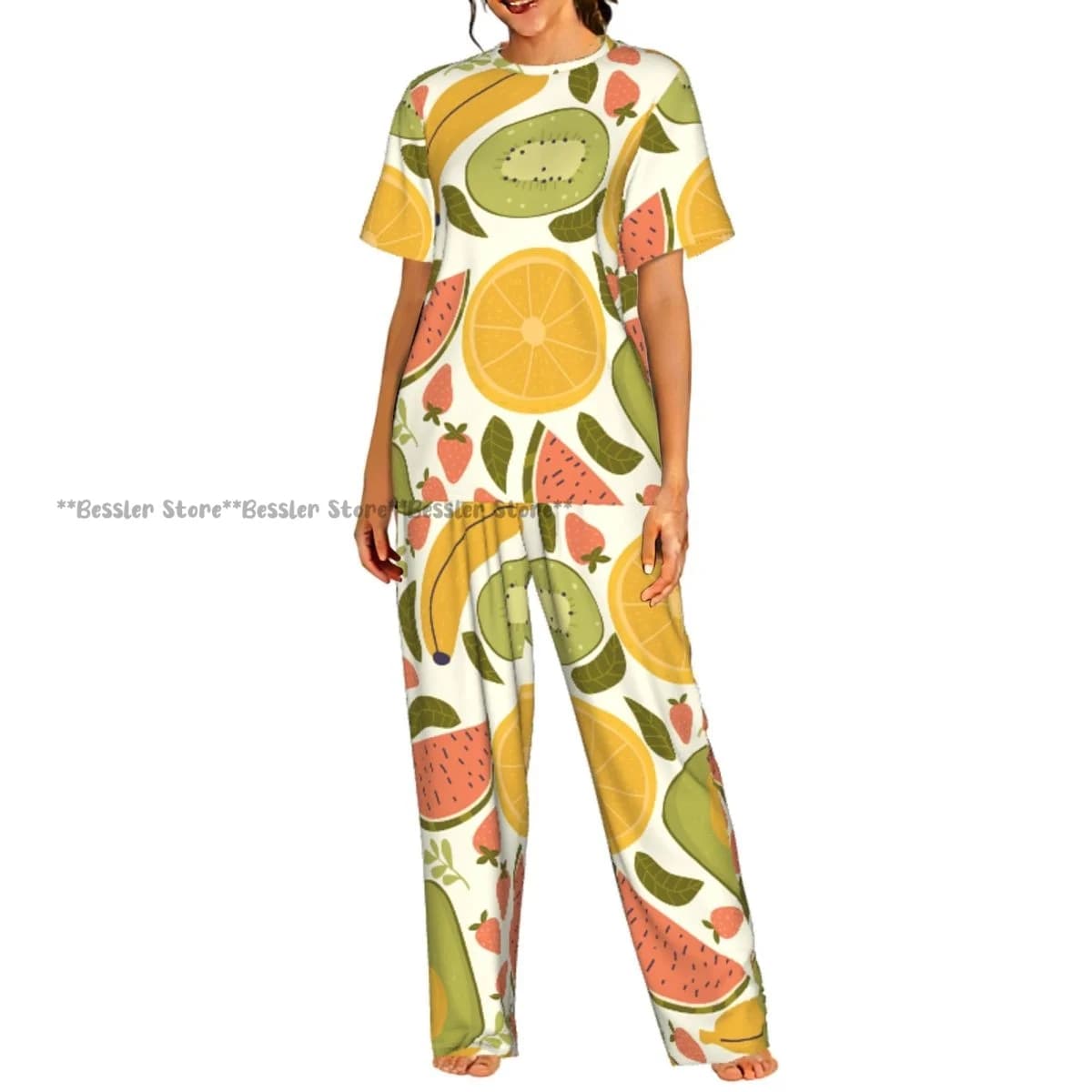 Colorful Pijama Set with Pattern Avocado, Sleeves Court, Home Clothing for Women