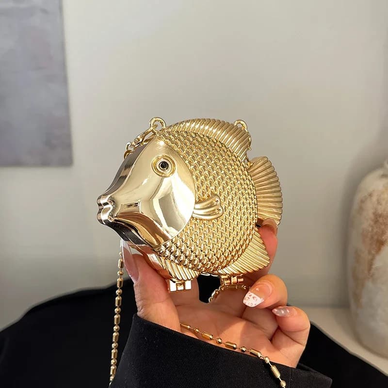 Mini bag shoulder strap in metal shape small fish cute handbag for women's fashion lipstick handbag in silver gold evening bag