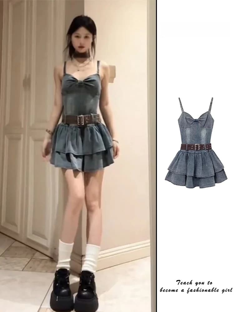 American Retro Strapless Denim Dress Women Summer New Sweet And Spicy Girl High Waist Slimming Puffy Short Skirt