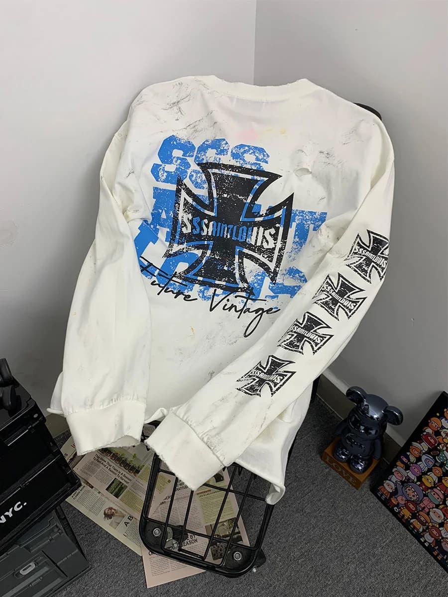 American Style Heavyweight Hoodie Sssaint Louis Cross Print Graffiti Loose Long Sleeve T-Shirt Men's Worn out Cotton Casual Top