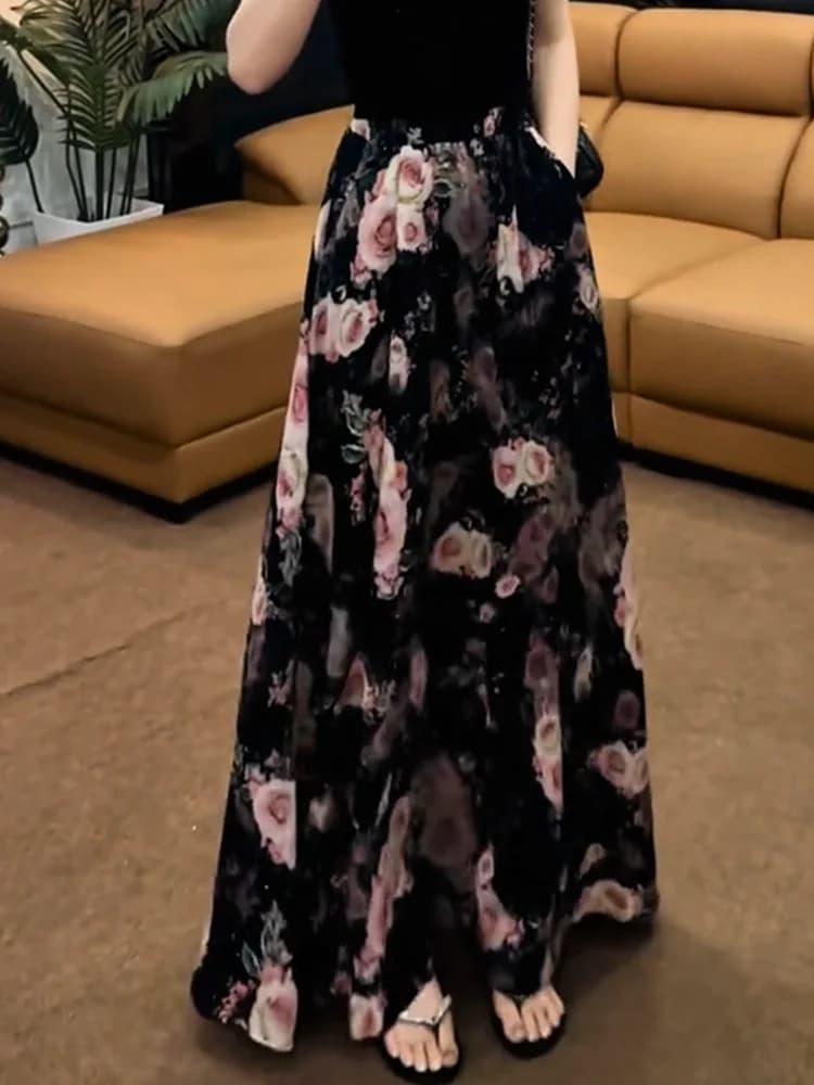 Gonna Nera a Trapezio alla Moda con Design Floreale a Rose, Casual Estiva, Nuovo Arrivo, Elegante e Leggera, Stile per il Pendolarismo