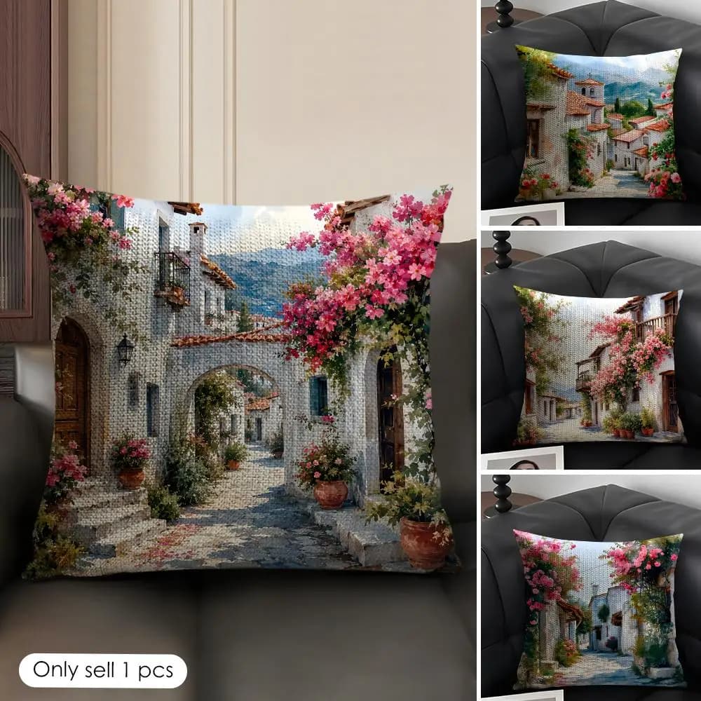 Vibrant Floral & Architectural Cushion Cover Natural Linen Organic Fabric Double Sided Print Sofa Pillow Case Home Decor Gift