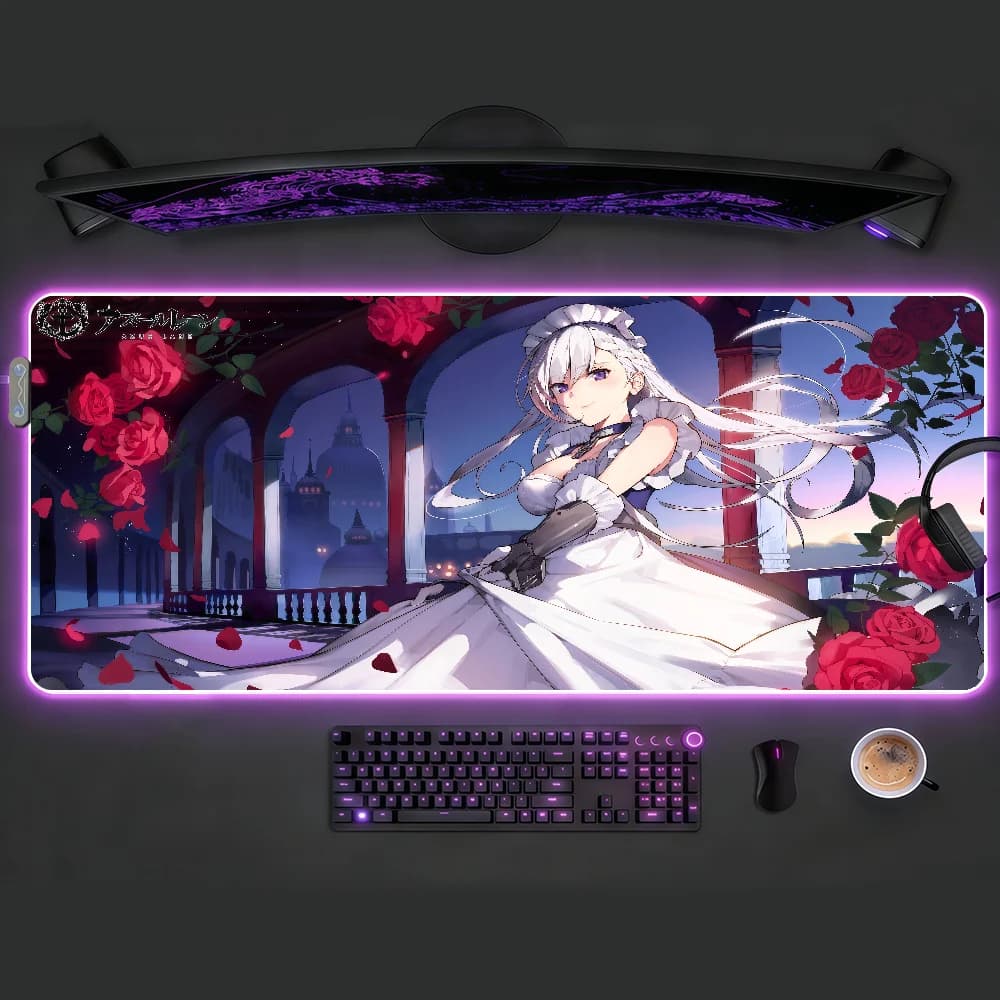 Tappetino per mouse Azur Lane Belfast RGB LED, tappetino da scrivania antiscivolo, accessori da gioco in gomma, tappetino grande XXL per tastiera da ufficio e computer