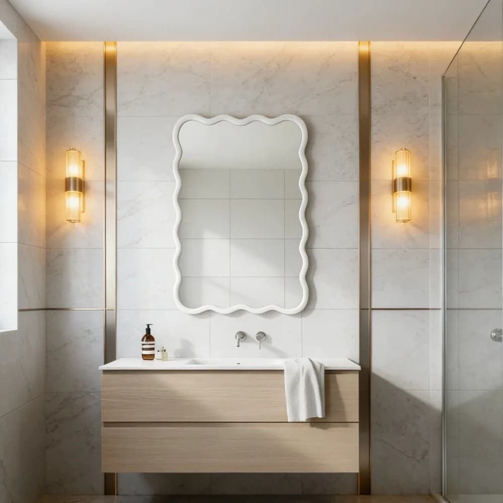 Specchio Decorativo, Specchio da Toeletta, Specchio da Parete, Specchio da Bagno con Design a Linee Curve, Adatto per Camera da Letto, Bagno, Soggiorno