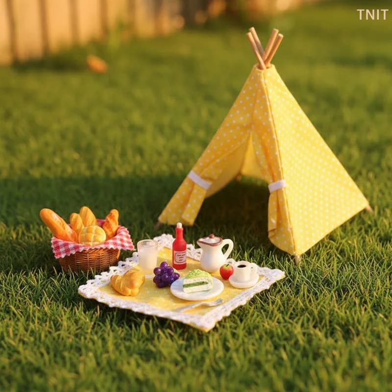 Set di tende da campeggio in miniatura per casa delle bambole, scala 1:12, accessori per casa delle bambole con tappetino da picnic e modello di cibo per decorazioni fai da te.