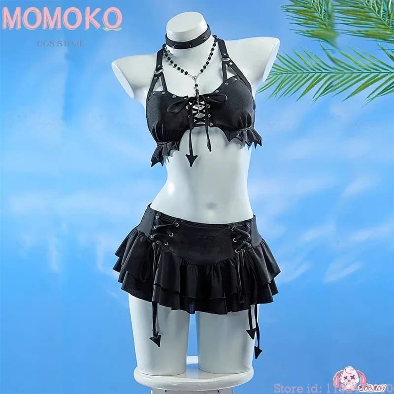 CyMiss Misa Halloween Gothic Black Top Skirt Swimwear Death Niche Split Swimsuit Note Cosplay Costume and Wig Demon DOujin Anime