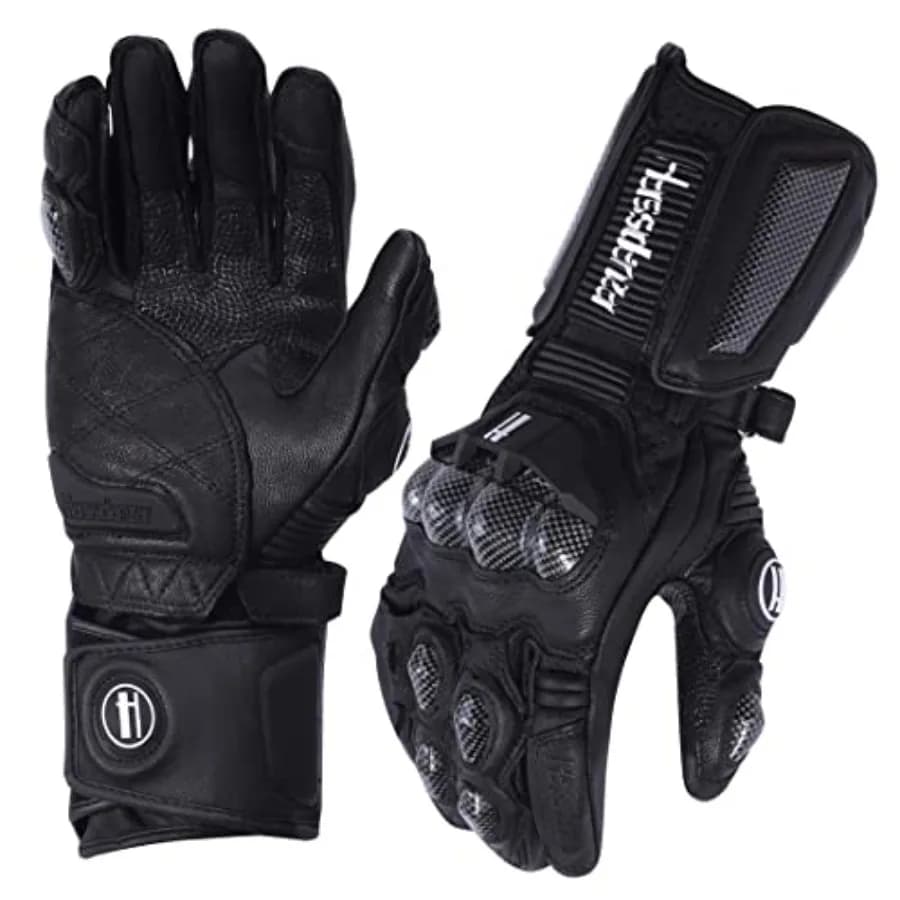 Motorcycle gloves for powersports use, genuine leather with carbon fiber knuckle protection, black color, durable and abrasion-