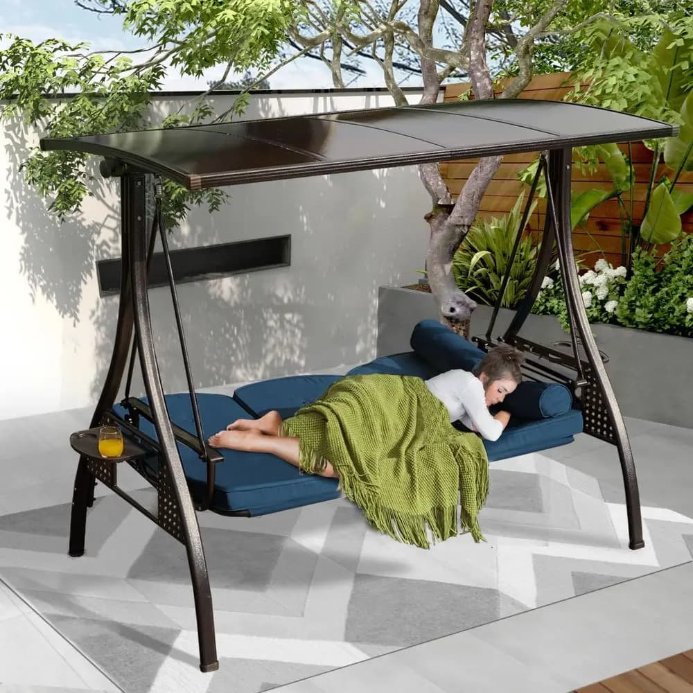 Dondolo da Esterno per Patio e Veranda con Tetto Rigido Regolabile, Sedia a Dondolo Convertibile 3 in 1 per Adulti, Dondolo da Giardino con Cuscino Spesso, Pil