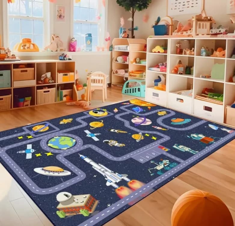 Space Adventure Rug Kids Rug with Rocket & Planets, Educational City Road Design, Suitable for Bedroom Carpets