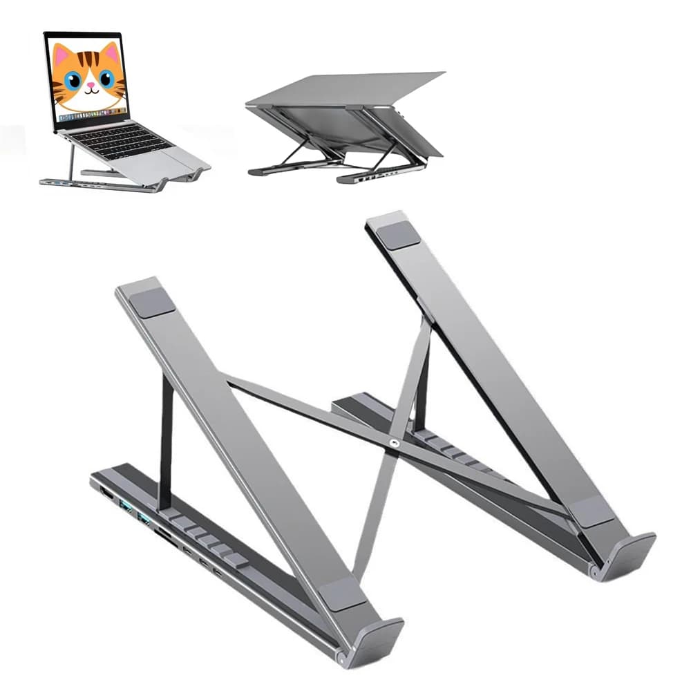 Supporto per Laptop 8-in-1 in Lega di Alluminio, Docking Station con Hub USB/USB-C 4K 5Gbps, Grigio Scuro