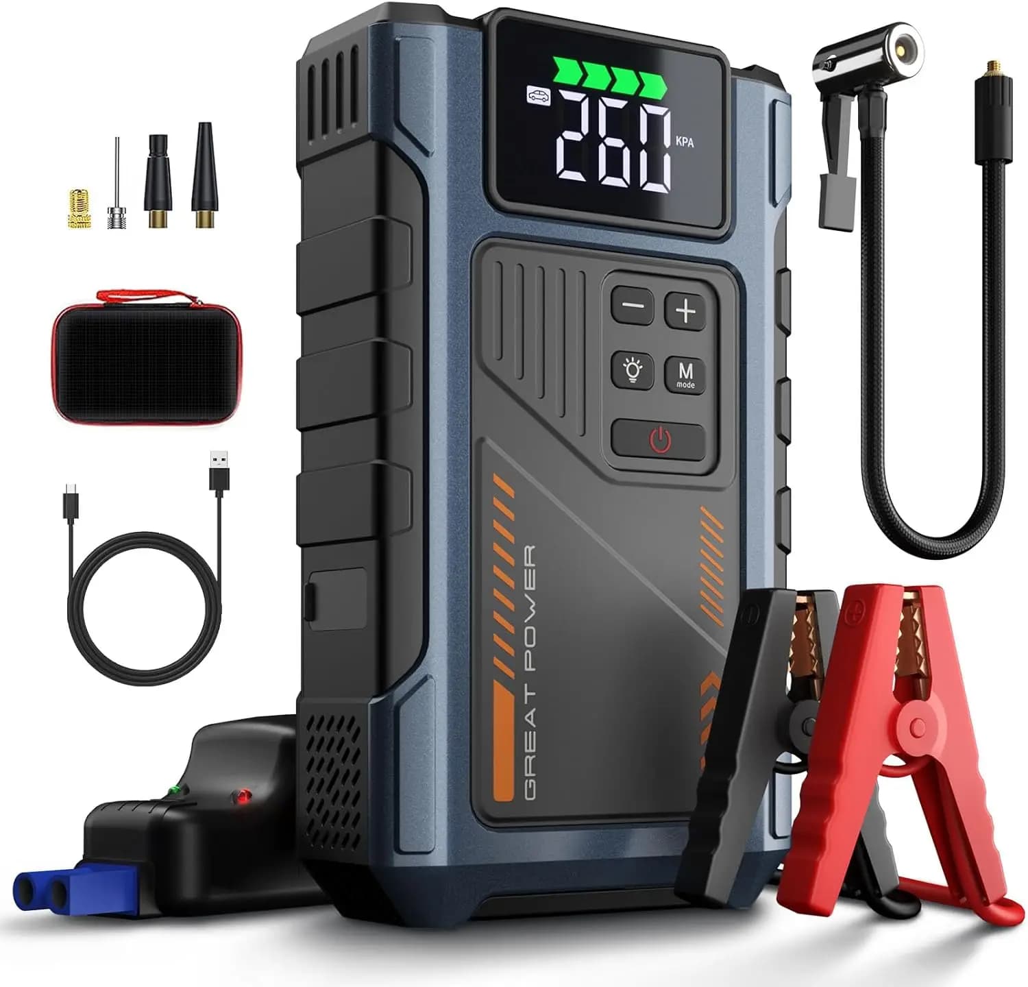 Avviatore portatile per auto con compressore d'aria, booster da 4500 A per veicoli da 12 V fino a 8,5 litri di gas/7,0 litri diesel, include gonfiatore per pneumatici