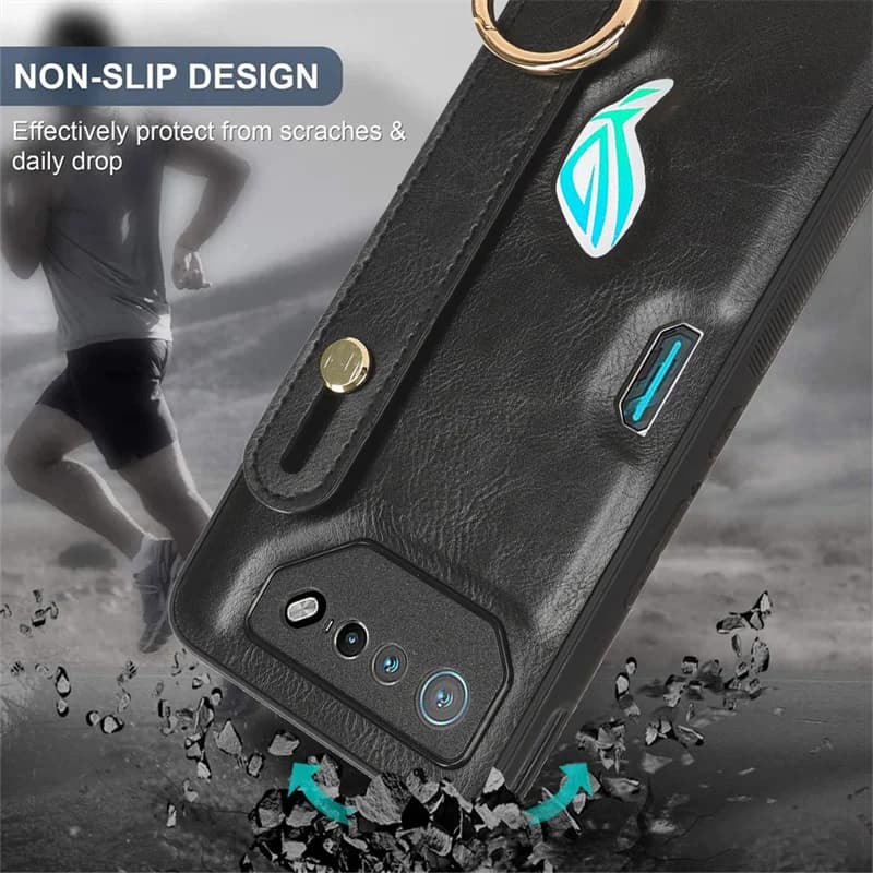 Supporto per cinturino da polso custodia per mucca in pelle di lusso per Asus Rog Phone 7 ROG 7 anello in metallo con cordino per treppiede copertura per telefono con protezione completa