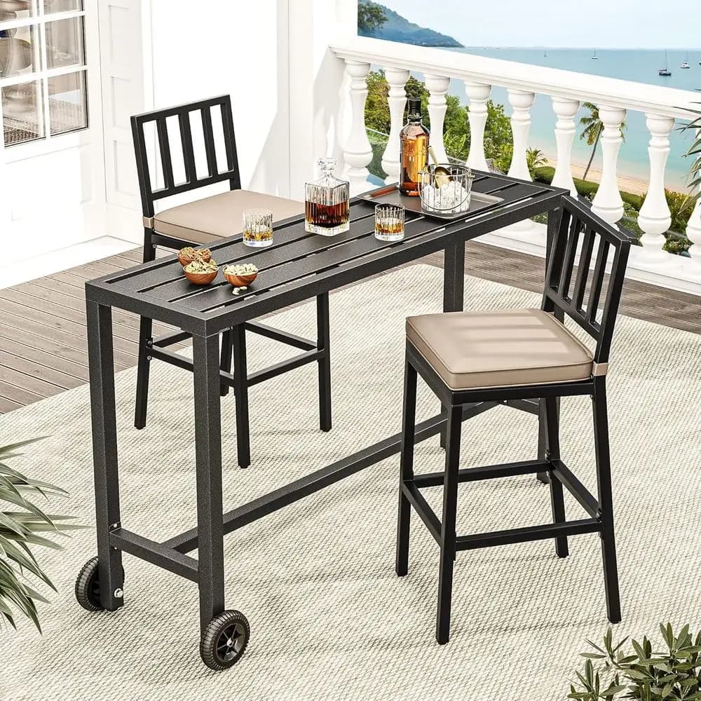 Outdoor bar set in 3 pieces with padded chairs, 55 high tables resistant to weathering for patio, balcony and poolside in veal strips