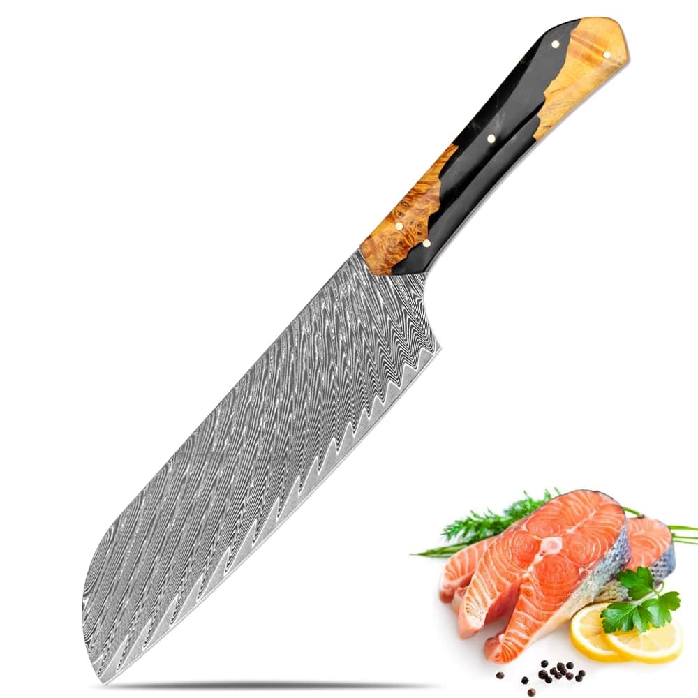 7 inch Damascus steel Japanese kitchen knife with Santoku knife, Full Tang knife Best Chef Santoku, black resin stabilized wooden handle