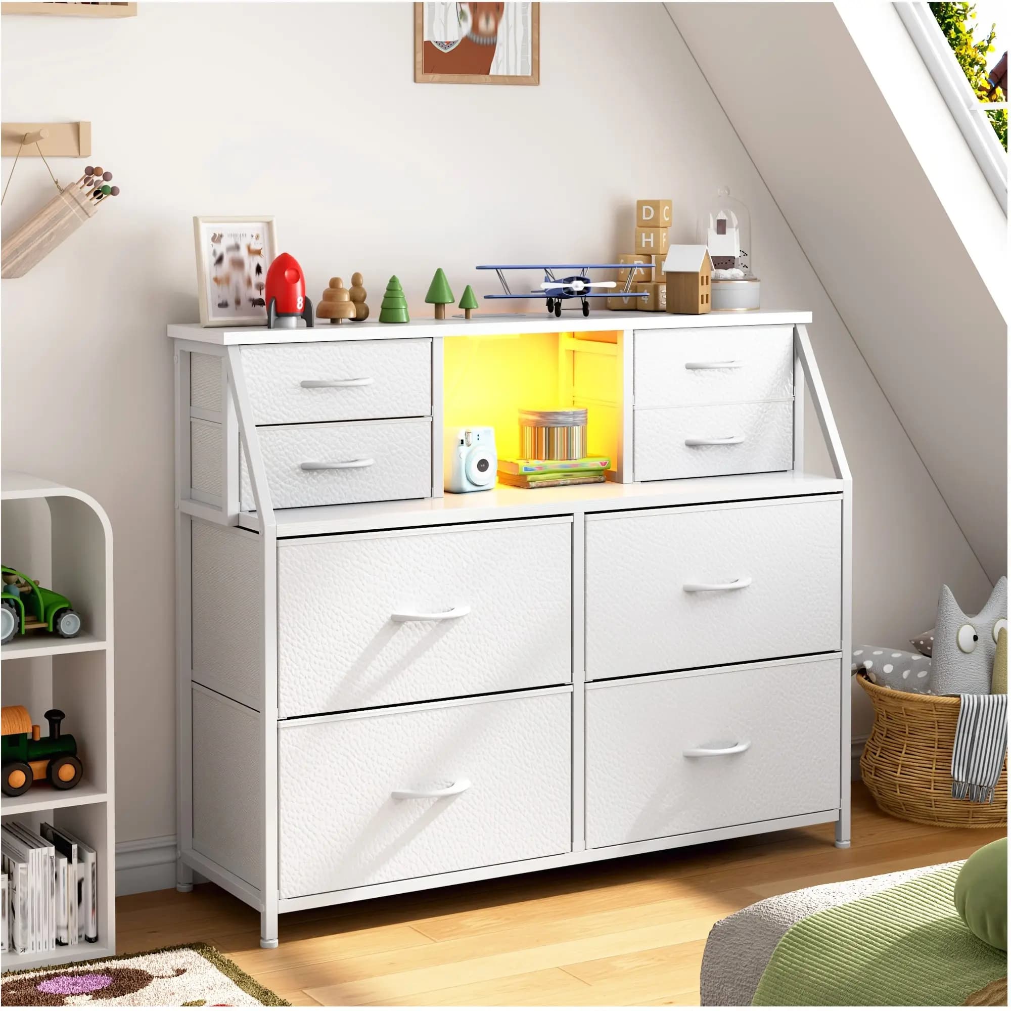 8-Drawer Wooden-Top Dresser with Built-in Power Strip & Soft-Glow LED Lighting | 2 Open Shelves for Easy Access | Sturdy Metal Frame + Smooth Pull Handles | Versatile Use in Bedroom, Kitchen, Hallway or Entryway | Modern White / Black / Brown Finish