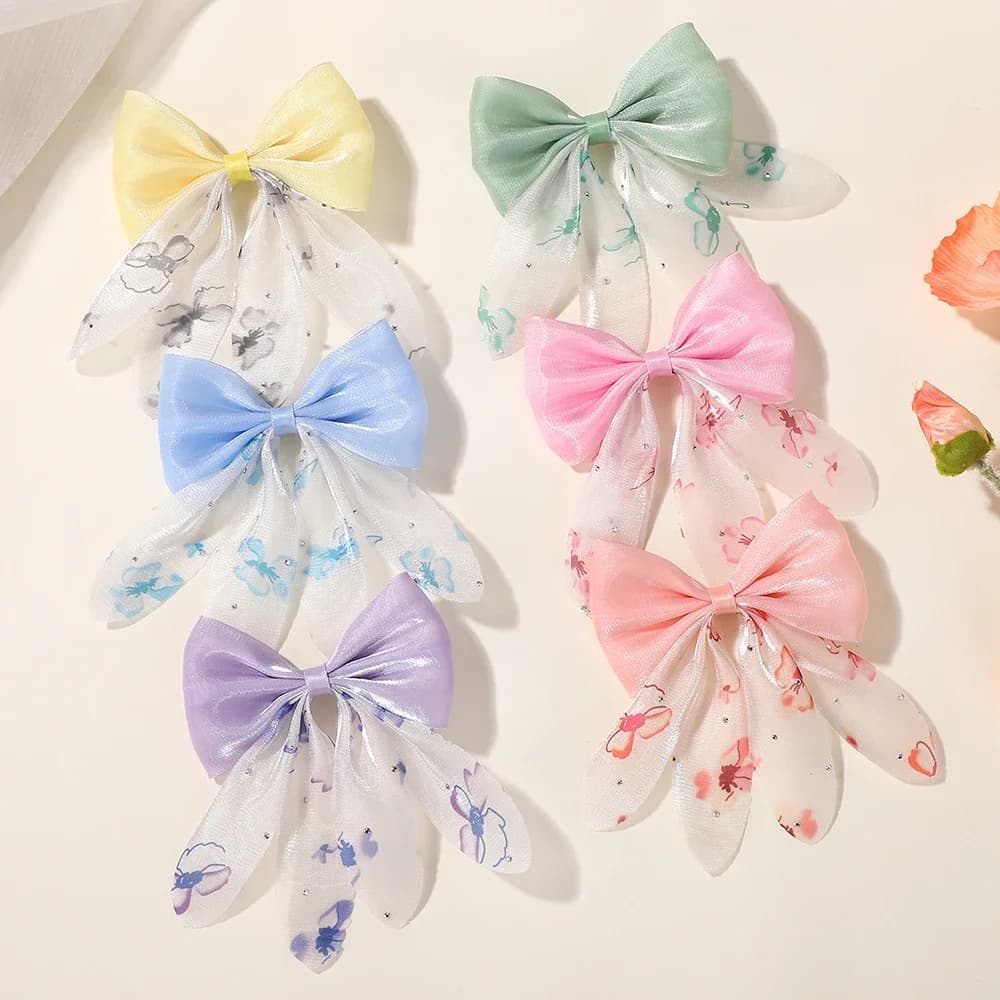 2 Pz/set 3.15x4.13 "Archi Dei Capelli Frangette per Girls Hairgrips Cheer Bow Macchia Hairclip Chiffon Print Copricapo Artigli Regali