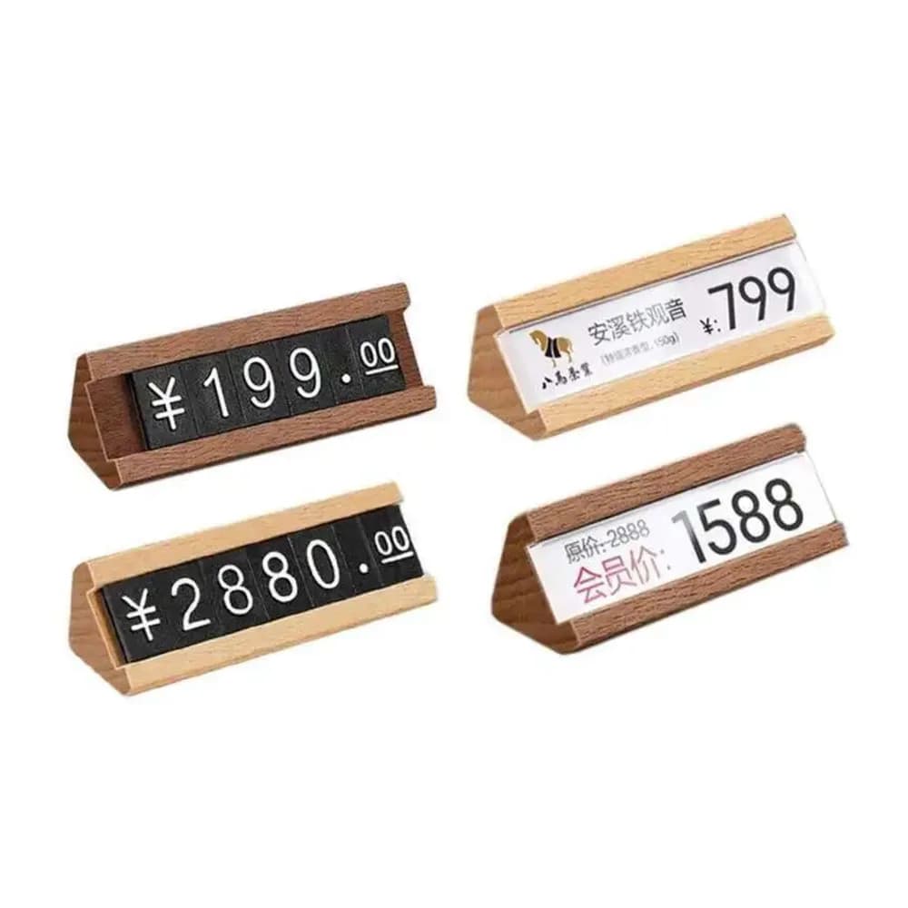Set di 5 Piccoli Supporti in Legno per Etichette Prezzi, Porta Cartellini in Acrilico, Espositore per Cartelli