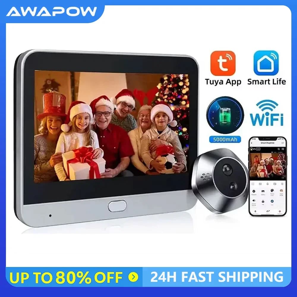 Awapow Visualizzatore porta Wifi da 4,3 pollici Smart Tuya Videocitofono Campanello Spioncino Audio bidirezionale Mini telecamera Rilevazione movimento Visione notturna