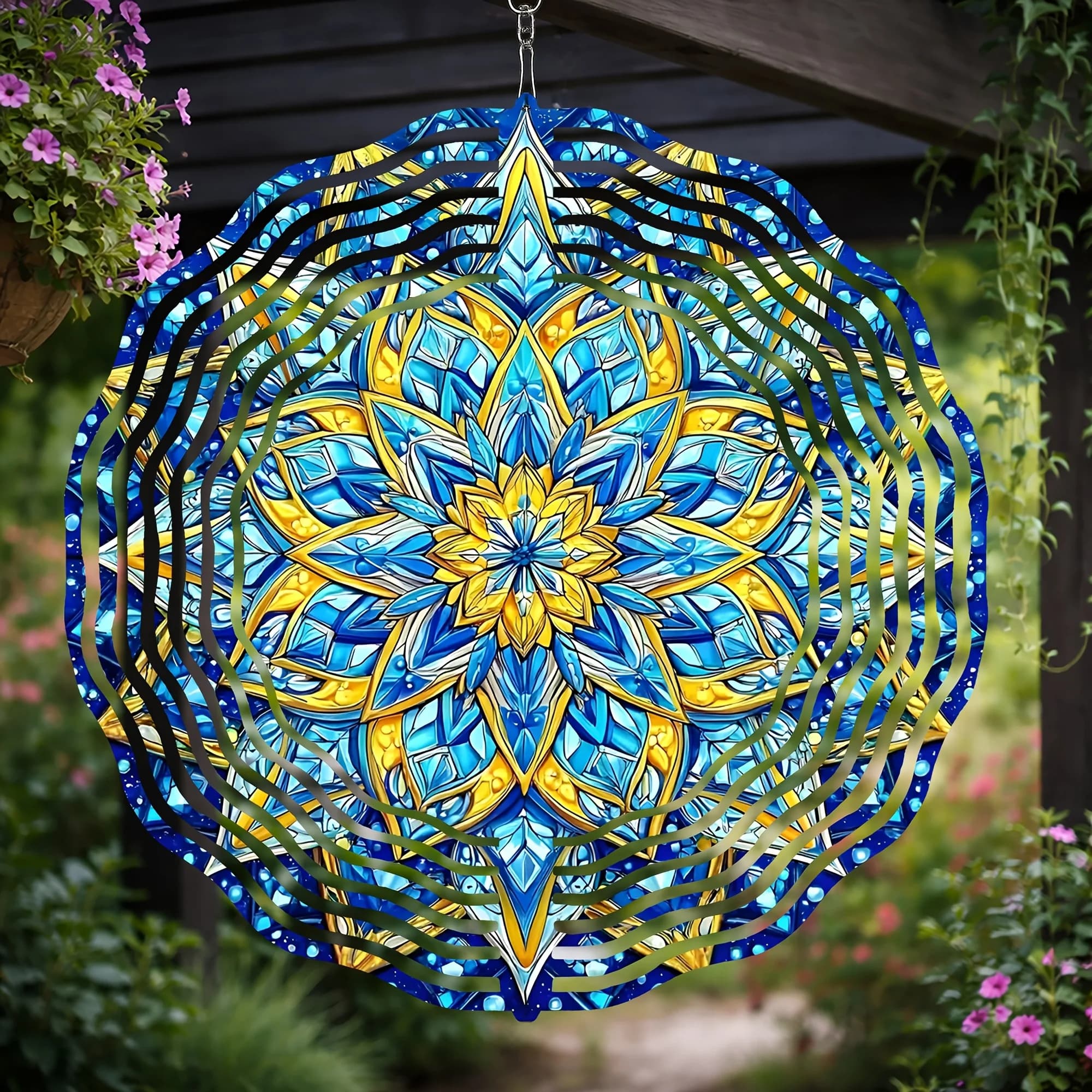 2D Metal Wind Chime, Blue Gold Mandala Geometry, 360° Swivel Hook, Home Garden Patio Balcony Decor, Abstract Outdoor Hanging Orn