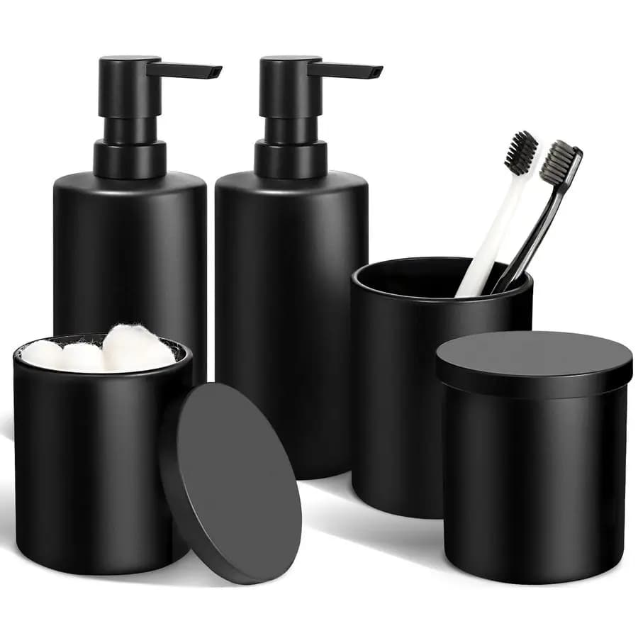 Set di accessori da bagno neri, set di accessori da bagno da 5 pezzi, dispenser di sapone in vetro e set portaspazzolino, supporto Qtip e