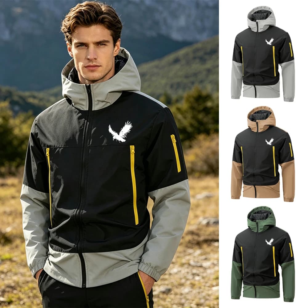 Men's Trendy Bird Print Casual Windproof Stand Up Collar Jacket Warm Multi Pocket Zip Up Hooded Jacket Autumn Outdoor Sportswear