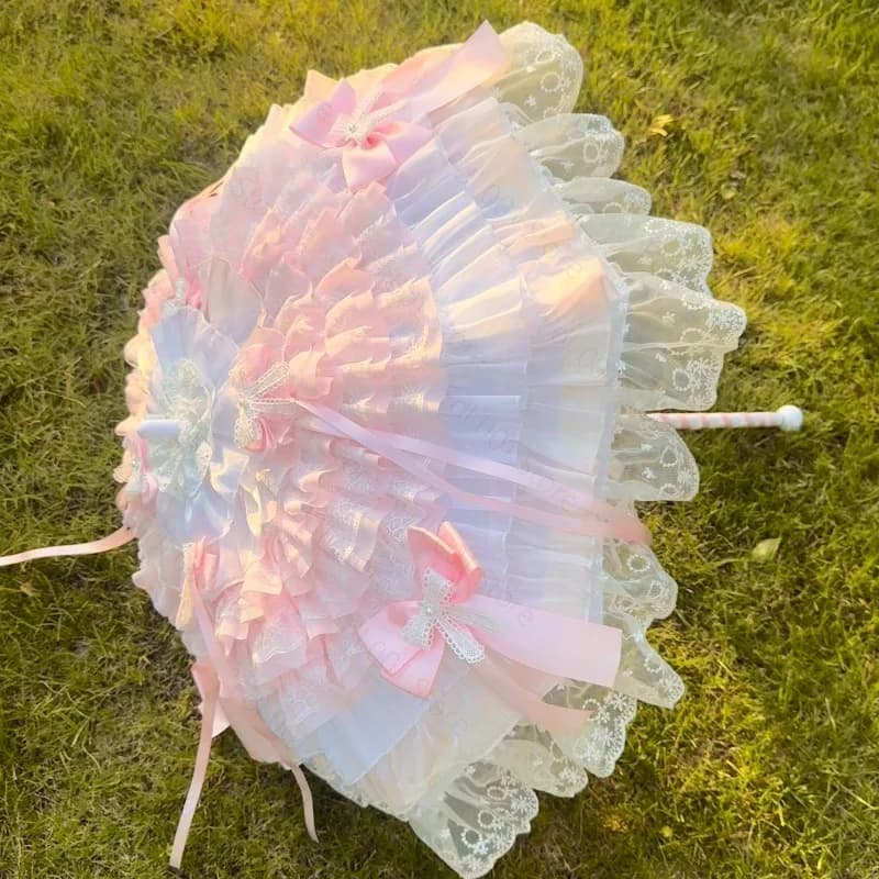 Pink White Butterfly Umbrella Handmade Lace Photo Prop For Tea Party Cosplay Photography Lightweight Portable Decoration